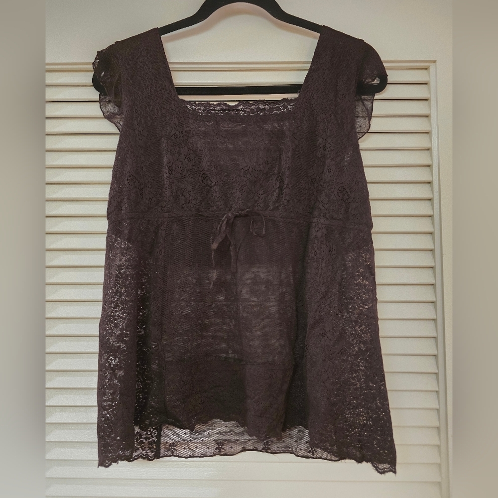 New York & Company - Y2K Brown Lace Sheer Top With Bow Detail